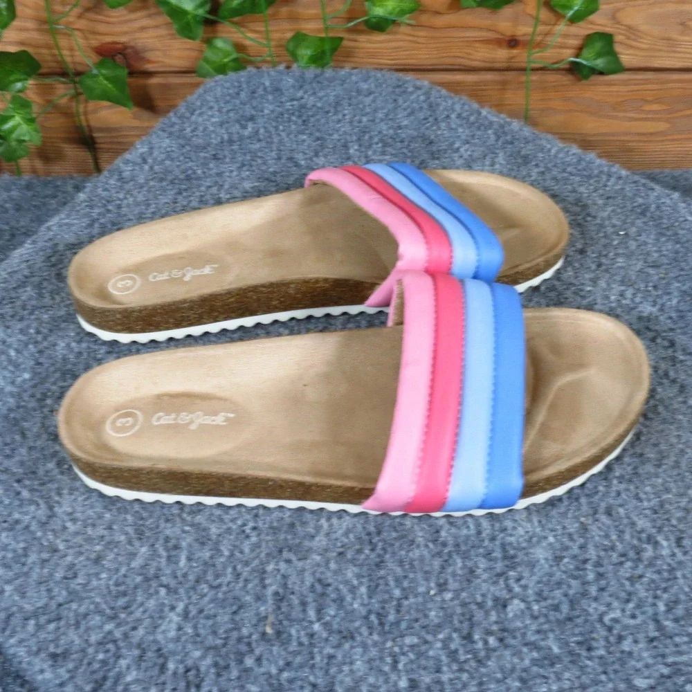 Cat & Jack Selma Girls Slide Sandals Size 3 Summer Beach Pool Pink Blue Multi